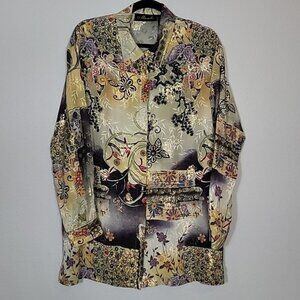 Murelli Women Silk Button Up Shirt Size L Floral Colorful Long Sleeve
